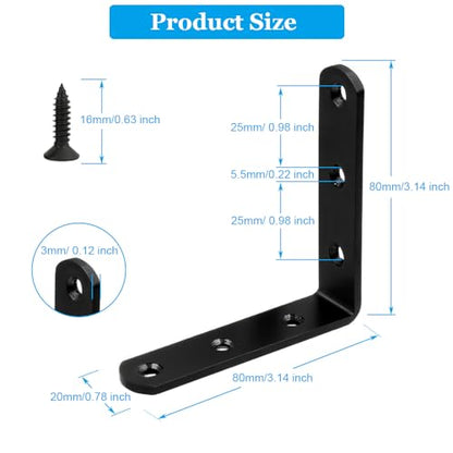4 Pcs Black Stainless Steel L Bracket 3 x 3 inch Metal Corner Brace Joint Heavy Duty Right Angle Brackets Fastener for Wood, with Screw