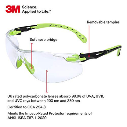 3M Safety Glasses, Solus 1000, S1201SGAF, ANSI Z87, Scotchgard Anti-Fog Lens, Green/Black Frame, Half-Frame, Padded Temple, Soft Nosebridge, UV Protection, Premium Eye Protection - size: Single, style: Clear Lens, Green/Black Frame
