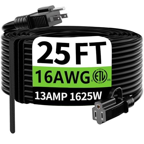 HUANCHAIN Indoor Outdoor Black Extension Cord 25 ft Waterproof, 16/3 Gauge Flexible Cold-Resistant Appliance Cable Outside, 13A 1625W 16AWG SJTW, 3 Prong Electric Cord, ETL - color: Black, size: 25 Ft, style: 16/3 Extension Cord
