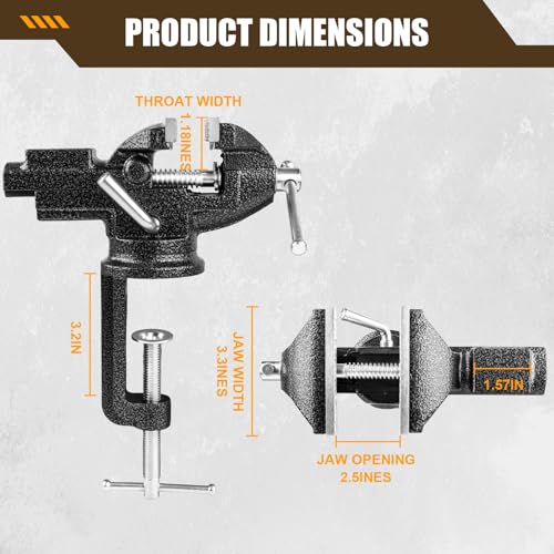 Bench Vise 3 Inch, Home Vise with 360° Swivel Base, Dual-Purpose Heavy Duty Cast Iron Table Vise, Clamp-On Vise for Woodworking, Metalworking, Drilling and DIY Projects