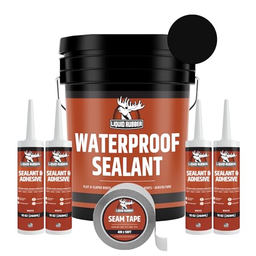 Liquid Rubber Waterproof Sealant - Waterproof Leak Repair Coating, Multi-Surface Rubber Paint, Durable Sealant for Roofs, Kit Includes- Black 5 Gallon Sealer, Caulk 10.2 oz 4 Pack, Seam Tape 4" x50' - size: 5 Gallon Kit