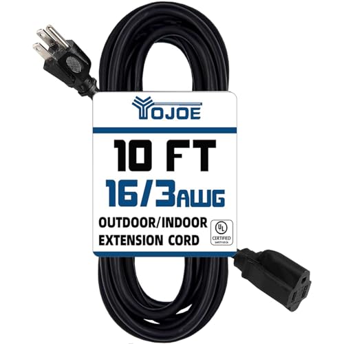 YOJOE Indoor Outdoor Extension Cord, 3 Prong 13A Weatherproof Power Cord, 16 Gauge Heavy Duty 10 ft Black Extension Cord for Garage, Garden and Home, 16/3 SJTW UL Listed - color: Black, size: 10 Foot, style: 16/3 Standard