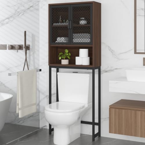 Launica Over The Toilet Storage Cabinet, Bathroom Organizer Over Toilet, Wood Metal Industrial Bathrooms Space Saver Shelf, Freestanding Bathrooms Cabinet Above Toilet with Rack, Walnut - color: Walnut