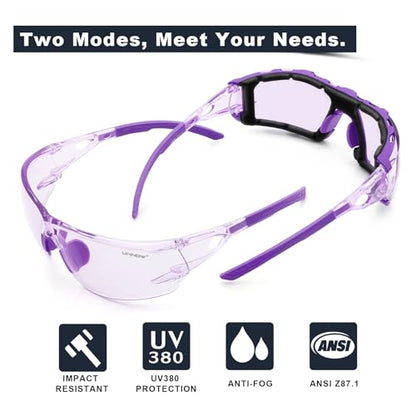 UKNOW Safety Glasses - Anti Fog Wraparound Lenses - Removable Foam Gasket - ANSI Z87.1 Protective Eyewear - Impact Resistant - color: Purple With Light Tint