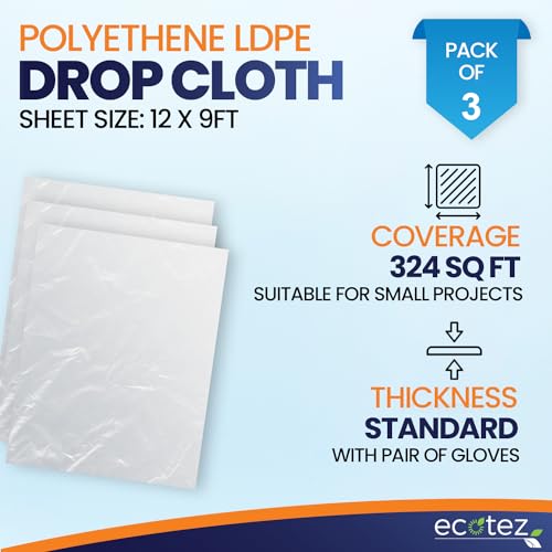 3 Pack 12 x 9 ft Extra Large Plastic Drop Cloth for Painting - Light & Durable Tarp Cover for Furniture - Plastic Clear Tarp Waterproof - Paint Floor Covering - Painters Drop Cloth Sheeting - size: 3 Pack