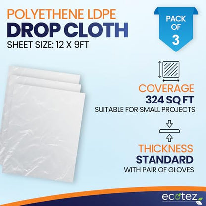 3 Pack 12 x 9 ft Extra Large Plastic Drop Cloth for Painting - Light & Durable Tarp Cover for Furniture - Plastic Clear Tarp Waterproof - Paint Floor Covering - Painters Drop Cloth Sheeting - size: 3 Pack