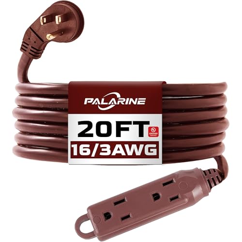 Indoor Extension Cord 3 Outlets Flat Plug Power Strip, UL Listed, 16 Gauge 20 ft Brown 3 Prong Heavy Duty, 16/3 SJTW 13A Outlet Extender - color: Brown, size: 20 FT