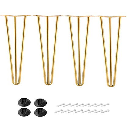 10 Inch Hairpin Legs Metal - 1/2” Dia 3 Rods Design - Mid Century Furniture Table Legs, DIY Furniture Hairpin Feet Gold for Nightstand, Coffee Table and TV Stand, Set of 4 - size: 10 Inch
