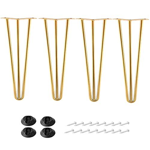 10 Inch Hairpin Legs Metal - 1/2” Dia 3 Rods Design - Mid Century Furniture Table Legs, DIY Furniture Hairpin Feet Gold for Nightstand, Coffee Table and TV Stand, Set of 4 - size: 10 Inch