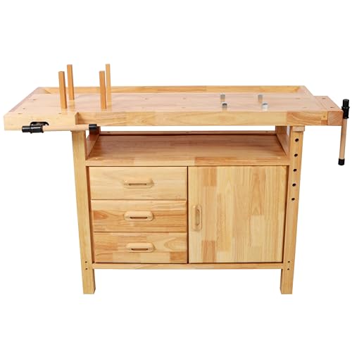 Montary 50" Professional Rubberwood Heavy Duty Workbench with 3 Drawers, 1 Cabinet Door & Open Shelf Integrated Vises, Wood Work Bench for Garage, Woodworking Carpenter Workshop & Home Use - size: 3 Drawers 1 Cabinet-A