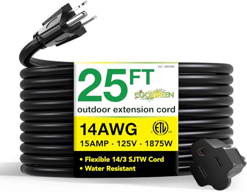 Go Green Power Inc. GG-13825BK - 14/3 SJTW Outdoor Extension Cord, Black, 25 ft - color: Black, size: 25 ft, style: 14/3