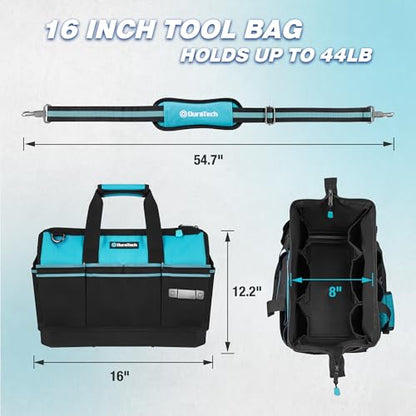 DURATECH 16-Inch Heavy Duty Tool Bag with Waterproof Hard Bottom, Tool Bag Organizer Wide Open Mouth with 18 Pockets, Portable Toolbag for Men Mechanic Electrician Plumber HVAC - size: 16 Inch