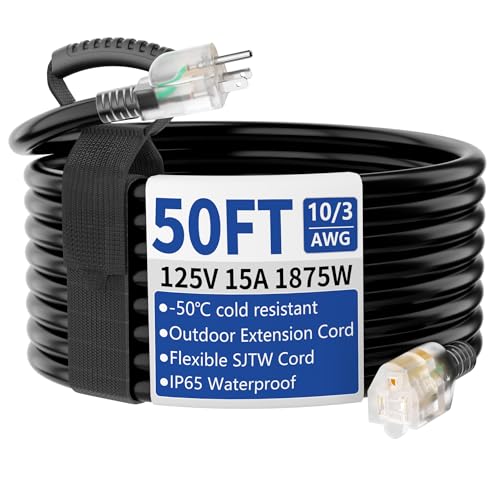 50ft Outdoor/Indoor Extension Cord with Lighted 10/3 Gauge Ultra 3 Prong Heavy Duty SJTW, Waterproof, Flexible Cold-Resistant,15A 125V 1875W, Black - size: 50FT