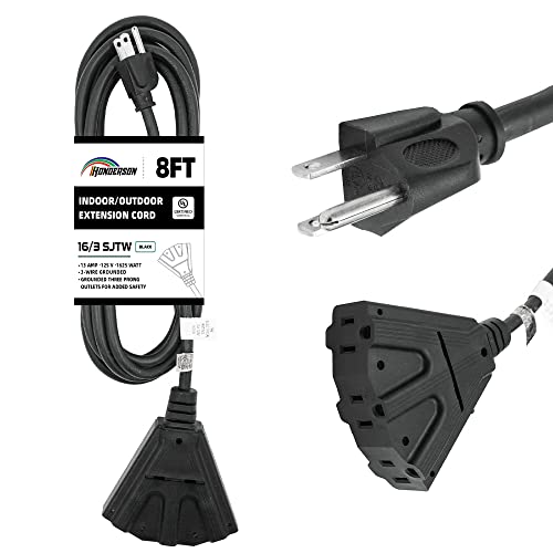 3-Outlets Indoor Outdoor Extension Cord Weatherproof, UL Certified, 16 Gauge 8FT Black 3 Prong Heavy Duty, 16/3 SJTW 13A Power Cord - color: Black, size: 8FT