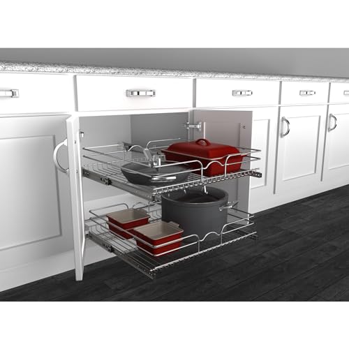 Rev-A-Shelf 2-Tier Kitchen Cabinet Pullout Shelf and Drawer Organizer Slide Out Pantry Storage Basket in Multiple Sizes, 24 x 22 In, 5WB2-2422-CR-1 - size: 24" W X 22"d, style: Two Tier