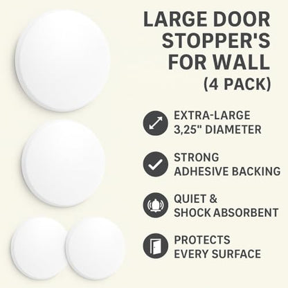 Large Door Stoppers for Wall (4 Pack) – 3.25" White Plastic Wall Protectors with Strong Adhesive – Shock Absorbent & Quiet – Stops Damage from Door Knobs – Stick-On, No Tools Needed