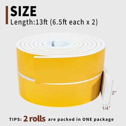 Yotache White Foam Weather Stripping 2" x1/4", Self Stick High Density Closed Cell Foam Rubber Insulation Tape, Total 13 Feet Long - size: 2"x1/4"x13 FT