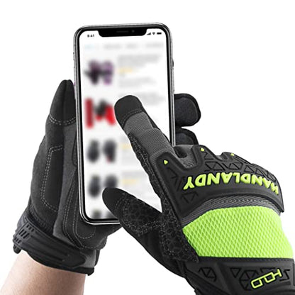 HANDLANDY Mens Work Gloves Touch screen, Utility Mechanic Gloves, Flexible Breathable Fit- Padded Knuckles & Palm - color: Green, size: Large