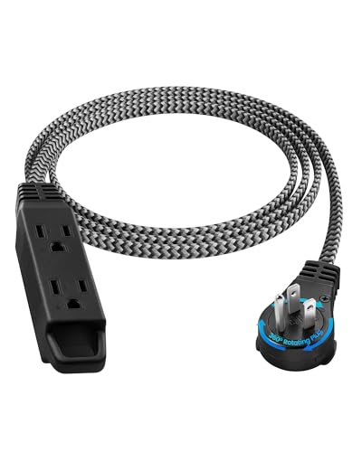 SURAIELEC 6FT Flat Extension Cord with 360° Rotating Plug, Braided Flat Plug with 3 Outlets, 16 AWG Thin Black Extension Cord for Indoor Use, Home, Office, Compact Spaces, ETL Listed - color: Black, size: 6FT