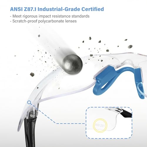 Clear Safety Glasses 6PK, Protective Eyewear UV Protection ANSI Z87.1 Crystal Clear Safety Goggles Scratch Impact Resistant Eye Protection with Soft Nose Pieces, Clear Lens Blue Temples - color: Clear Lens Blue Temples