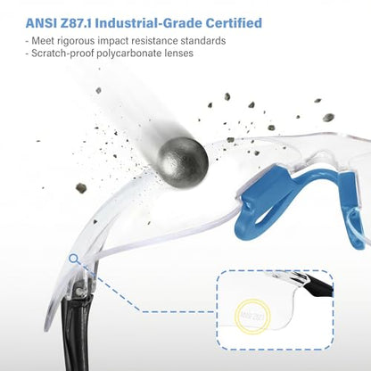 Clear Safety Glasses 6PK, Protective Eyewear UV Protection ANSI Z87.1 Crystal Clear Safety Goggles Scratch Impact Resistant Eye Protection with Soft Nose Pieces, Clear Lens Blue Temples - color: Clear Lens Blue Temples