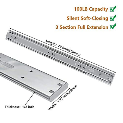 LONTAN 20 Inch Soft Close Drawer Slides 1 Pair Side Mount Heavy Duty Cabinet Drawer Glides Ball Bearing Full Extension Kitchen Cabinet Rails 100 LB Capacity - color: Silver-Soft Close, size: 20 Inch - Drawer Slide