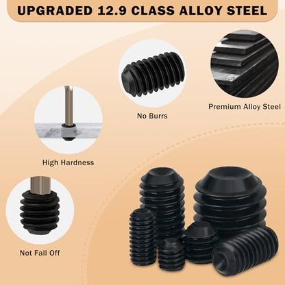 1219Pcs 26Sizes Set Screw Assortment Kit Metric & SAE 12.9 Class Alloy Steel Grub Screws, Internal Hex Allen Drive Cup Point Set Screws for Bathroom Fixtures Door Handles (M3-M8, 1/8"-40 to 5/16"-18) - size: 1219PCS 26Size