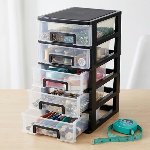 Cabilock 5-Tier Plastic Storage Drawers Clear Desktop Organiser Unit Small Stackable Craft Bins for Office Stationery Makeup Jewellery 31x21x15cm - color: Black