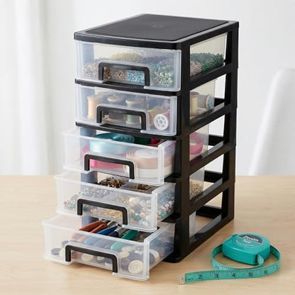 Cabilock 5-Tier Plastic Storage Drawers Clear Desktop Organiser Unit Small Stackable Craft Bins for Office Stationery Makeup Jewellery 31x21x15cm - color: Black