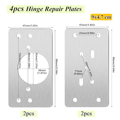 4 Pack Hinges Repair Plate with 24 Screws, Stainless Steel Hinge Replacement Plate Kit, Kitchen Cabinet Cupboard Drawer Door Hinge Fixing Mount Brackets Set for Furniture Wardrobe, 9x4.7 cm - color: 4pcs 9x4.7cm