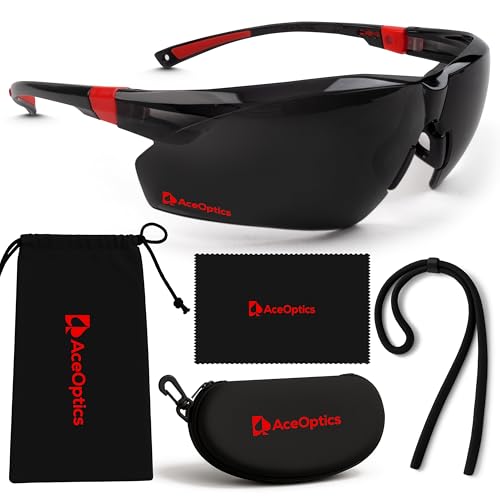Safety Glasses – ANSI Z87 Certified, 5X Anti-Fog ClearShield™ Lenses with Premium Hard Case & Accessory Bundle - color: Red & Black / Tinted