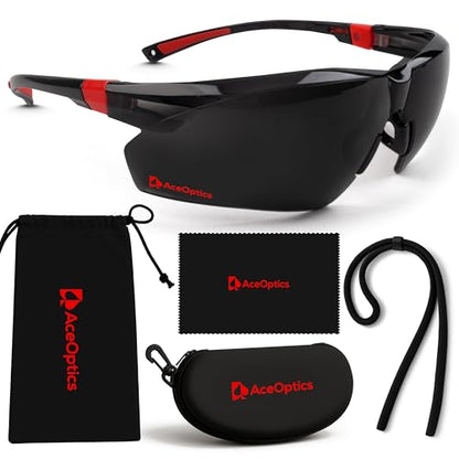 Safety Glasses – ANSI Z87 Certified, 5X Anti-Fog ClearShield™ Lenses with Premium Hard Case & Accessory Bundle - color: Red & Black / Tinted
