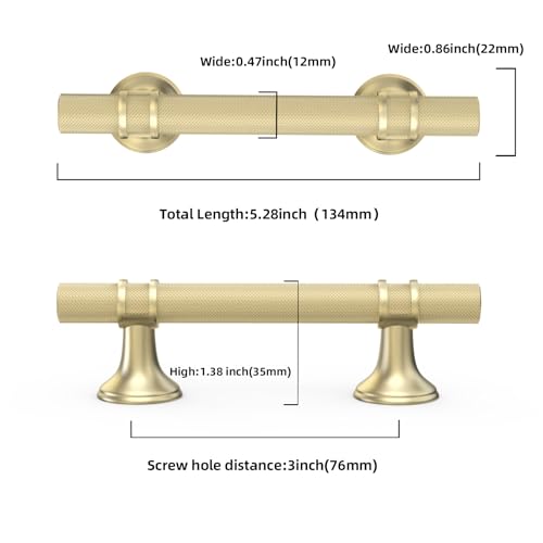 10 Pack 3 Inch Cabinet Pulls knurled Brushed Gold Kitchen Cabinet Handles Aluminum and Zinc Alloy Drawer Pulls Solid Cabinet Hardware - color: Brushed Gold Knurled, size: 3'' Hole Center(76mm)