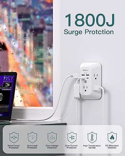 Addtam 5-Outlet Extender Surge Protector, Multi Plug Wall Outlet with 4 USB Wall Charger(2 USB C Ports), Outlet Splitter Power Strip for Home Office Dorm Room Essentials, Plug Extension Outlet 1800J - size: 2C2A