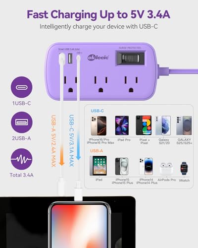 Purple Extension Cord with Surge Protected - Cute Travel Power Strip with 6 AC Outlet 3 USB (1 USB-C) Charging Station, Purple Desk Accessories Wall Mountable Cute Kawaii Lavender Office Dorm Room - size: 5 FT-Purple-45°Plug, style: 6AC+2U1C