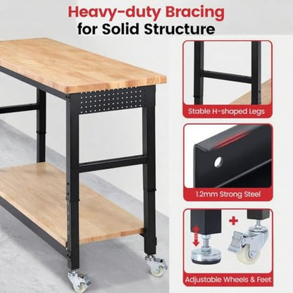 ENJOYWOOD 60" x 22" Heavy Duty Workbench with Wheels, Adjustable Height Garage Work Table with Solid Rubberwood Top, Double Layer Shelf, Sided Pegboard & Power Outlets for Home & Workshop - size: XX-Large