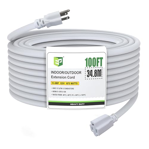 EP 12/3 100 FT Indoor Outdoor White Extension Cord Waterproof, 12 Gauge 3 Prong Power Cord Flexible Resistant Appliance Extension Cable Electric Cable Outside, 15A 1875W 12AWG SJTW, ETL Listed - color: White, size: 100ft