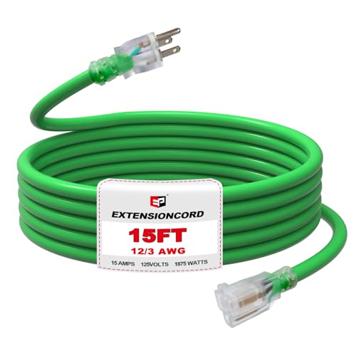 EP 15 Ft Outdoor Extension Cord, 12/3 SJTW Heavy Duty Waterproof Power Cable, 3 Prong Grounded Plug, Lighted End, for Lawn, Garden, Appliances, Green - color: Green, size: 15ft