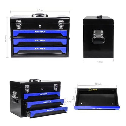Runboll Mechanics Tool Set 339-Piece 3-Drawer Toolbox with Tools Kits Included, with pliers, ball hammer, screwdrivers, wrenches, Hex Keys, and More - color: Blue, size: Toolbox w/ Kits