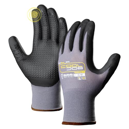 COOLJOB 36 Pairs Nitrile Rubber Dipped Safety Work Gloves with Grip Dots, Seamless Knit Nylon Gloves with 2 Fingers Touchscreen, Non-slip Coated for Warehouse, Home Improvement, Yard, Grey Medium - size: Medium, style: Smart Touch(36 Pairs)