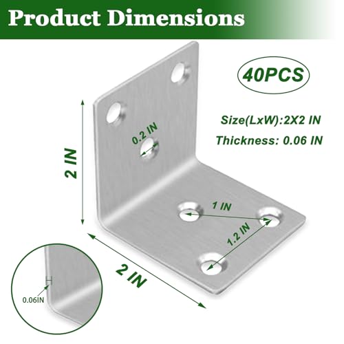 40PCS 2'' Metal Angle Brackets,304 Stainless Steel Heavy Duty 90° L Angle Bracket with Slot Wood, Corner Shelf Brackets for Furniture, Book Shelf(Silver,2X2X0.08IN) - size: 2X2X0.08IN