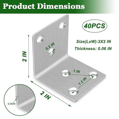 40PCS 2'' Metal Angle Brackets,304 Stainless Steel Heavy Duty 90° L Angle Bracket with Slot Wood, Corner Shelf Brackets for Furniture, Book Shelf(Silver,2X2X0.08IN) - size: 2X2X0.08IN