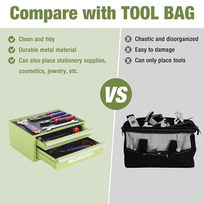 WORKPRO 12.5" Mini Tool Box with 2 Drawers & 1 Open Top Storage, Small Metal Tool Chest with PVC Liners & PP Feet Pads, Cold Rolled Steel Toolbox with Drawer Liners & Magnetic Tabs - color: Macaron Green