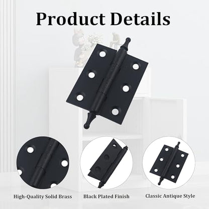 2 Inch Antique Style Solid Brass Butt Hinges with Ball Finials, Black Plated Butt Hinges with for Furniture Cabinet Drawer Door, 2PCS - size: 2 Inch
