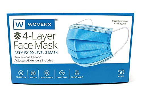 FDA Registered, ASTM Level 3 Face Mask, Pleated, Blue, 4 Ply-50 Pack
