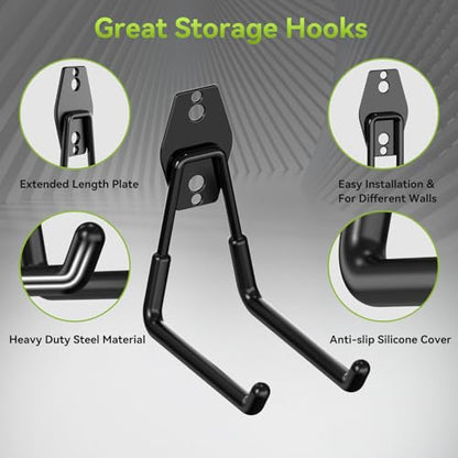 18 Pack Garage Hooks Heavy Duty, Utility Steel Garage Storage Hooks, Garage Organization System with Anti-Slip Wall Mount Hangers for Hanging Bike, Ladder, Garden Tools (Black)