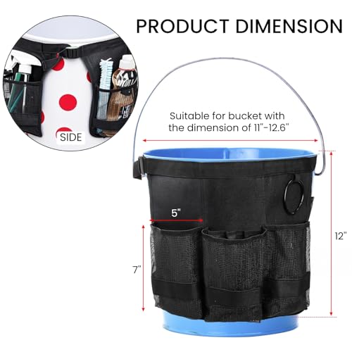 5 Gallon Bucket Tool Organizer, Adjustable Bucket Storage Bag with Mesh Compartments, Durable Black Garden Tool Caddy Swivel Seat Pouch for Ice Fishing, Car Cleaning, Hiking