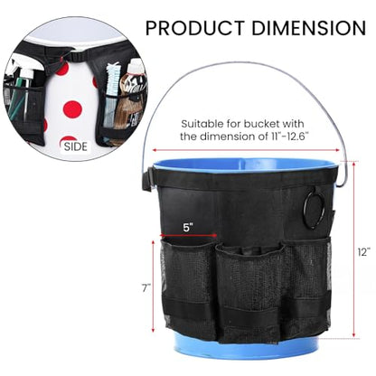 5 Gallon Bucket Tool Organizer, Adjustable Bucket Storage Bag with Mesh Compartments, Durable Black Garden Tool Caddy Swivel Seat Pouch for Ice Fishing, Car Cleaning, Hiking