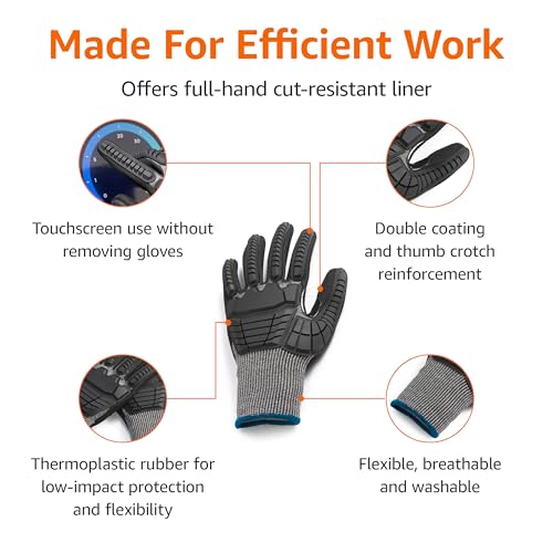 Amazon Basics Impact Protection Work Gloves, Cut Level A2, ANSI Level 4 Abrasion, Touchscreen Compatible, 15G Sandy Nitrile Palm, Medium, Black with Blue Edge - size: Medium