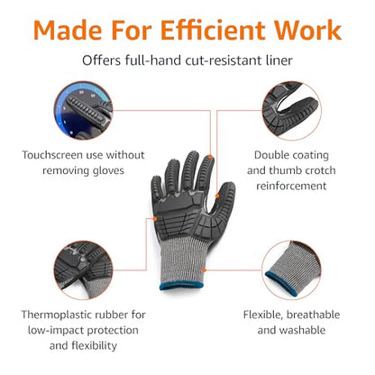 Amazon Basics Impact Protection Work Gloves, Cut Level A2, ANSI Level 4 Abrasion, Touchscreen Compatible, 15G Sandy Nitrile Palm, Medium, Black with Blue Edge - size: Medium